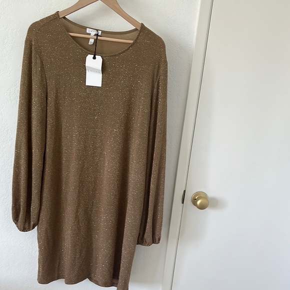 Leith Sparkle Tie Waist Long Sleeve Mini Dress in Tan - Picture 6 of 12
